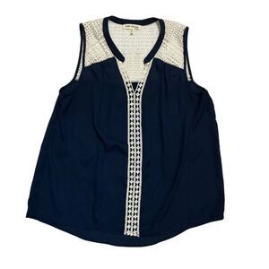 Sleeveless Sheer Tank Top Blouse Size PM Lace V-Neck Blue White